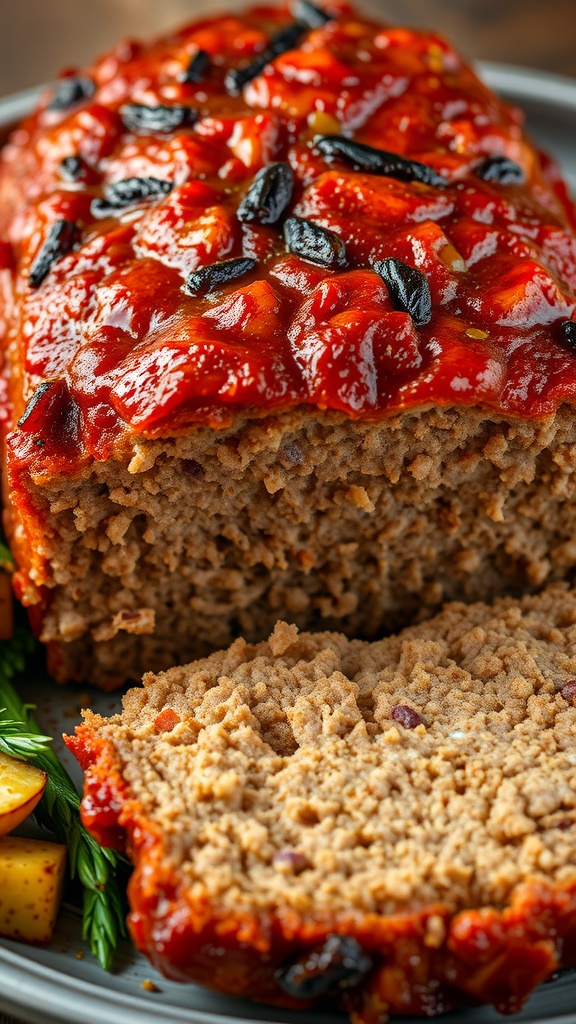 A delicious meatloaf topped with a glossy tomato sauce and garnished with herbs, sliced to reveal its tender interior.