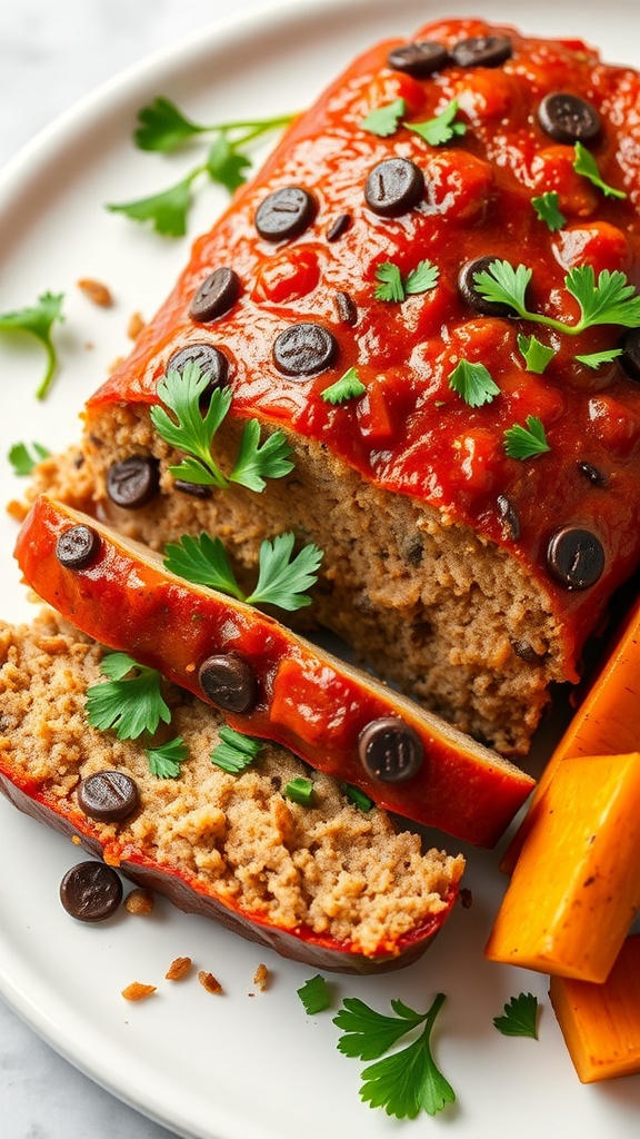 Slice of turkey meatloaf on a plate with fresh herbs and vegetables.