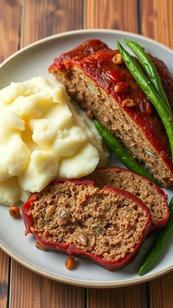 A slice of meatloaf served with mashed potatoes and green beans on a plate.