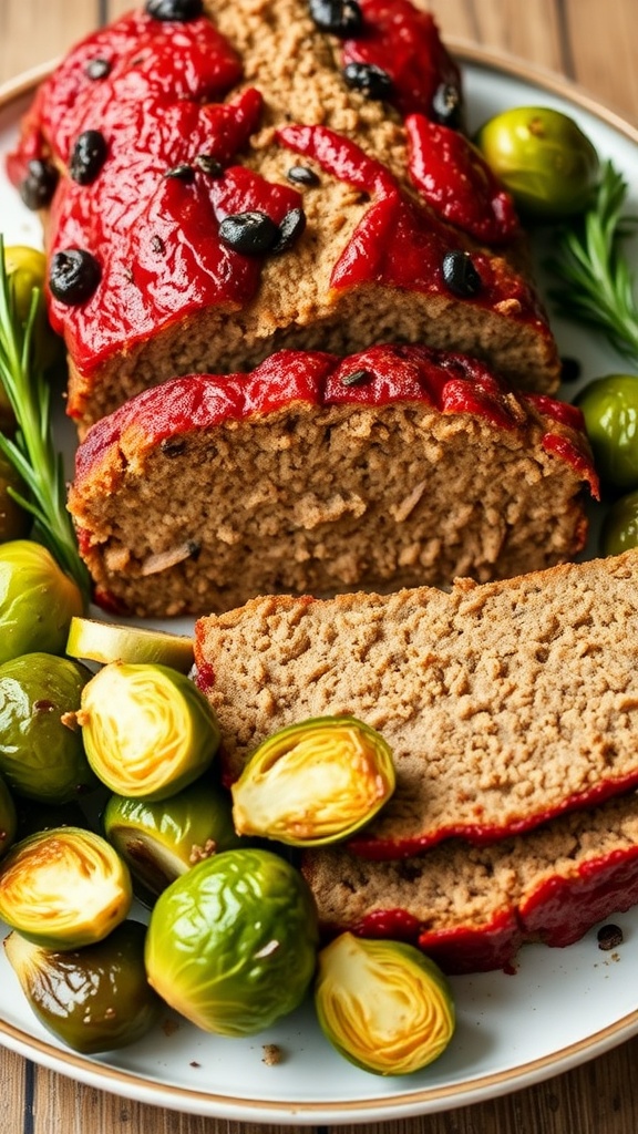 A delicious dairy-free meatloaf served with Brussels sprouts and green olives