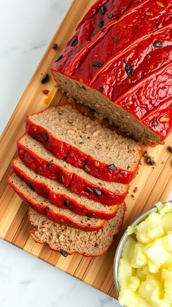 A sliced gluten-free meatloaf on a wooden cutting board with a side of mashed potatoes.