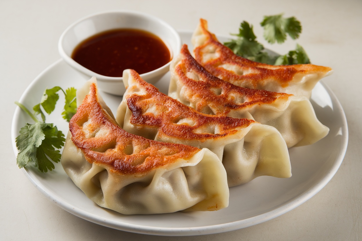 Deliciously cooked spicy beef gyoza served with dipping sauce