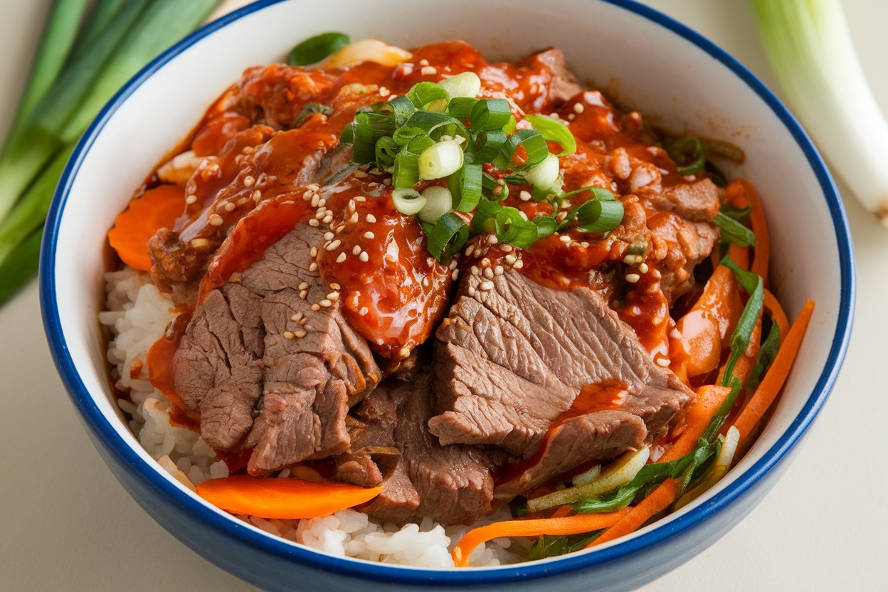 A bowl of spicy Korean beef served over rice with carrots and zucchini.