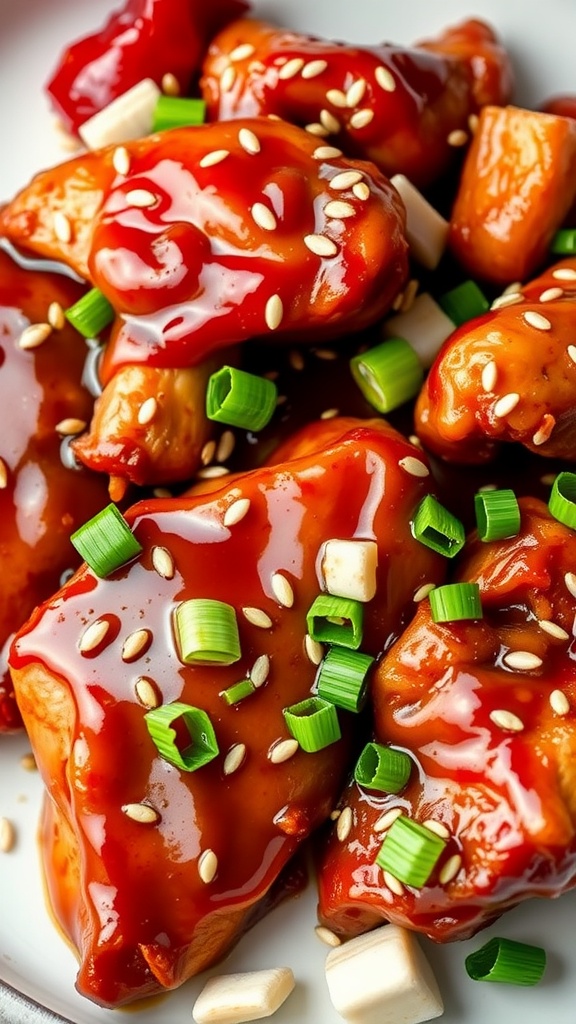 Delicious teriyaki chicken garnished with sesame seeds and green onions