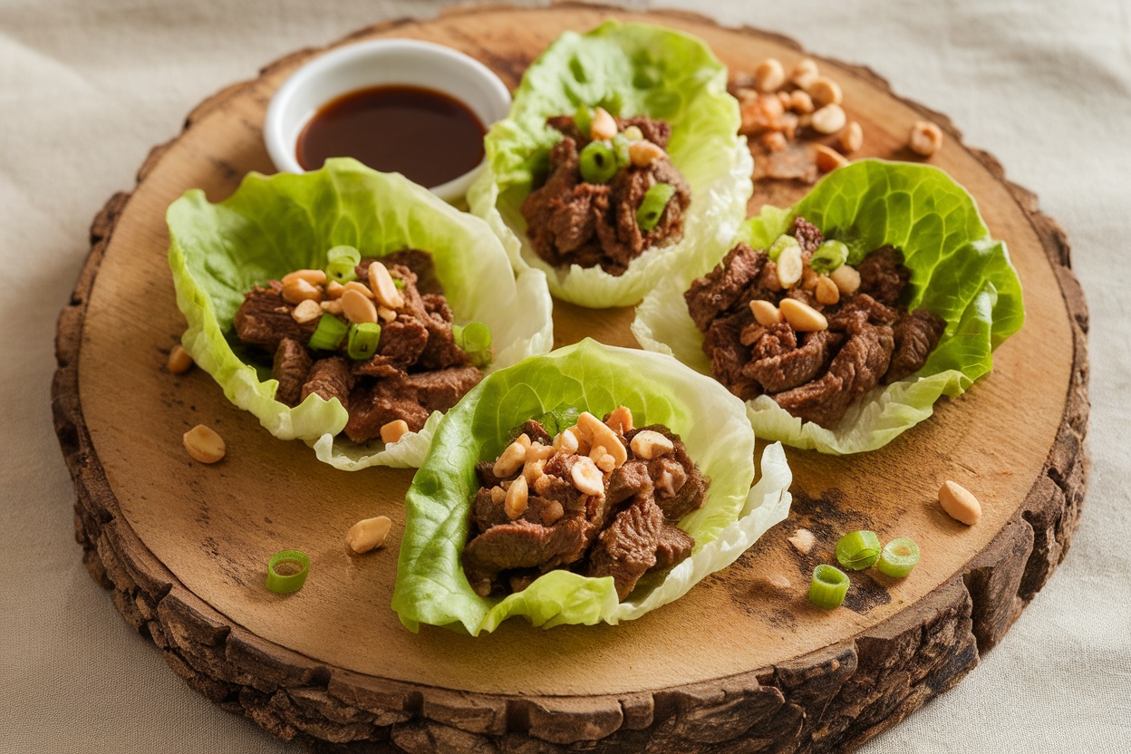 Teriyaki beef lettuce wraps with chopped peanuts and green onions on a wooden platter.