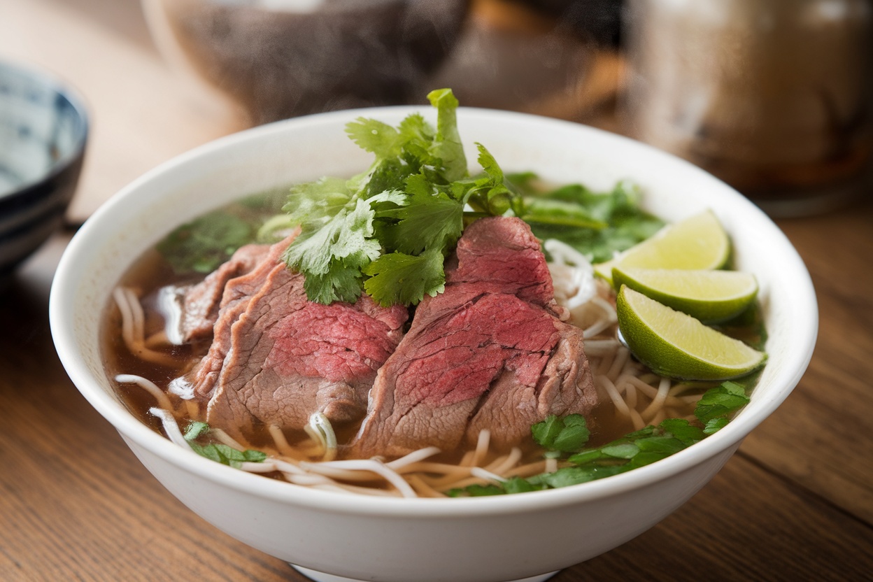 A bowl of Vietnamese Beef Pho with fresh herbs and lime.