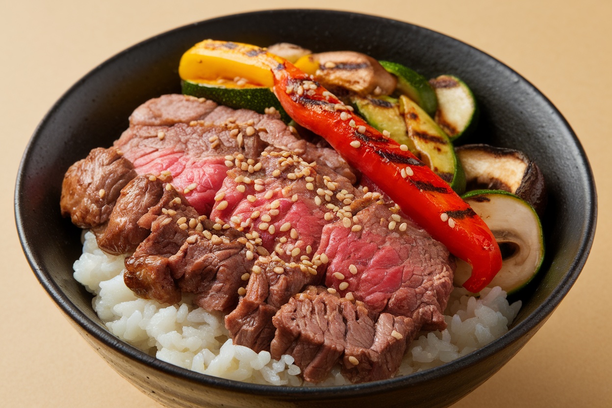 A delicious bowl of Yakiniku beef with rice and colorful grilled vegetables.